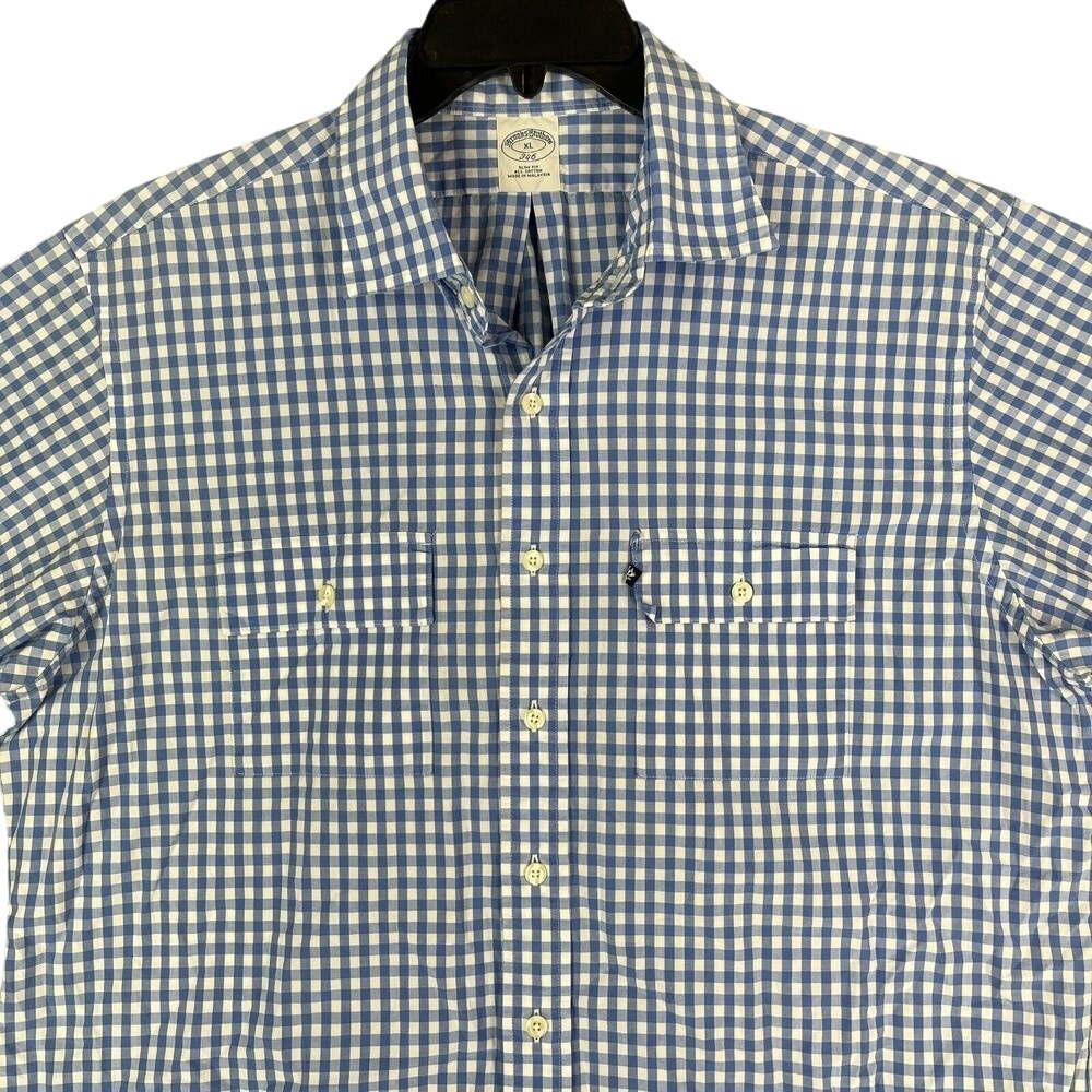 Brooks Brothers 346 Gingham Shirt Mens XL Blue Check Slim Fit Workwear